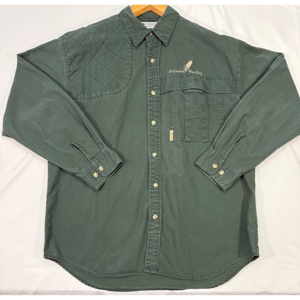 Vintage 98 Columbia Hunting Shirt Mens Large Green Cotton Canvas Shooting Patch